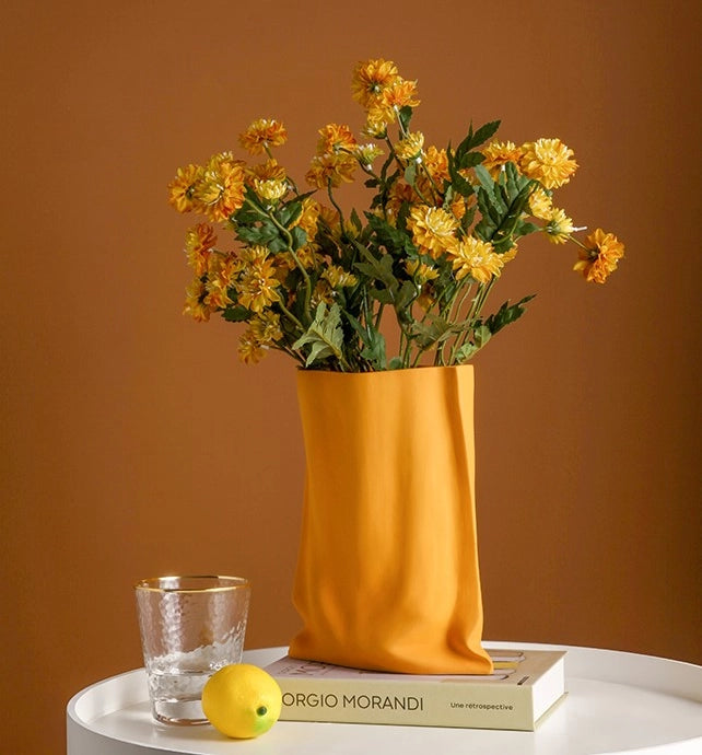 "Le Papier" - Orange Matte Paper Bag Looking Ceramic Vase