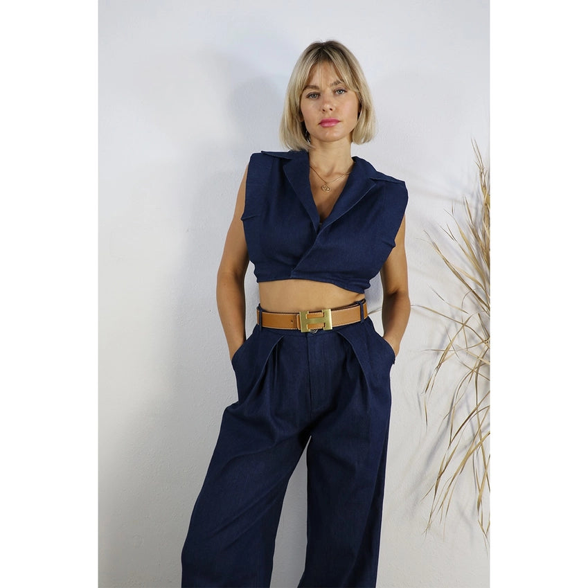 Cotton Pleated Pants and Collared Vest Set