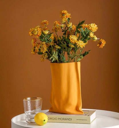 "Le Papier" - Orange Matte Paper Bag Looking Ceramic Vase
