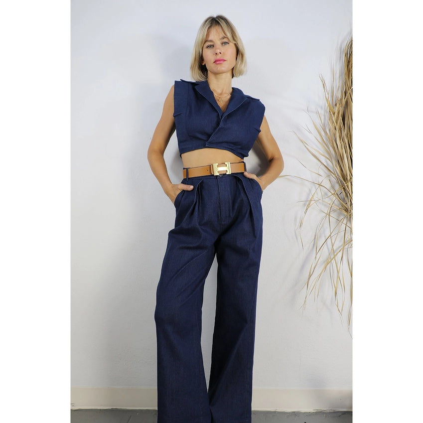 Cotton Pleated Pants and Collared Vest Set