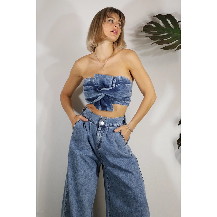 Twisted Bow Denim Top with Back Smocked Bandeau Top