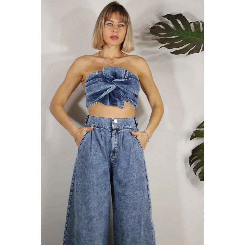 Twisted Bow Denim Top with Back Smocked Bandeau Top