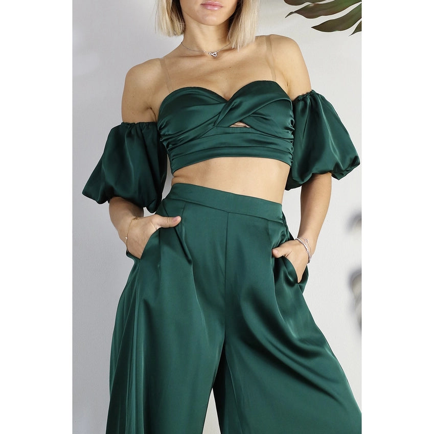 Satin Balloon Puff Sleeve Off Shoulder Set