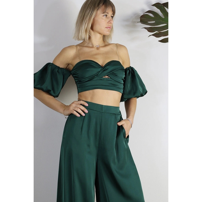 Satin Balloon Puff Sleeve Off Shoulder Set