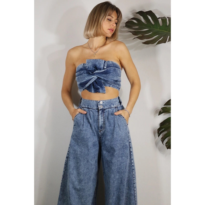 Twisted Bow Denim Top with Back Smocked Bandeau Top