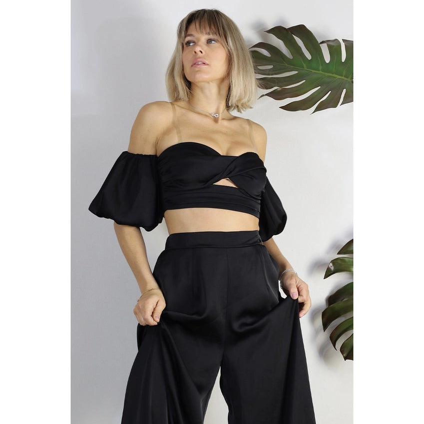 Satin Balloon Puff Sleeve Off Shoulder Set