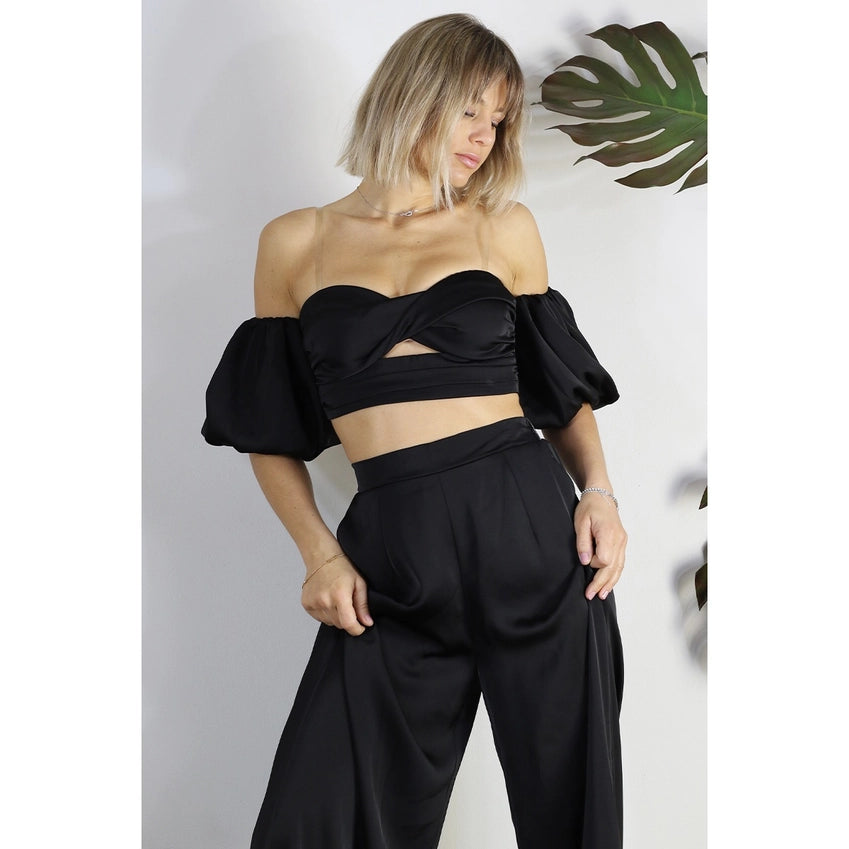 Satin Balloon Puff Sleeve Off Shoulder Set