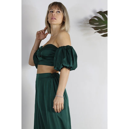 Satin Balloon Puff Sleeve Off Shoulder Set