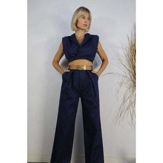 Cotton Pleated Pants and Collared Vest Set