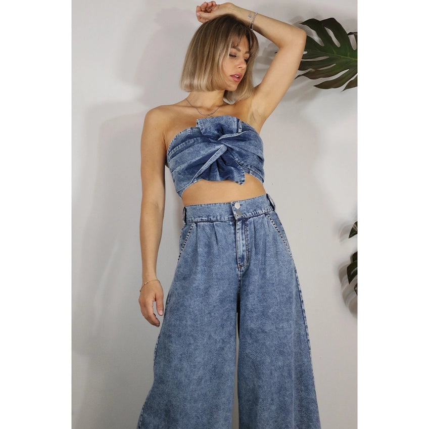 Twisted Bow Denim Top with Back Smocked Bandeau Top