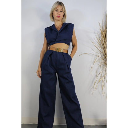 Cotton Pleated Pants and Collared Vest Set