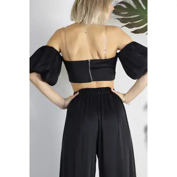 Satin Balloon Puff Sleeve Off Shoulder Set